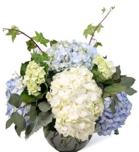 An assortment of green, blue and white hydrangea perfectly arranged in a glass bubble bowl